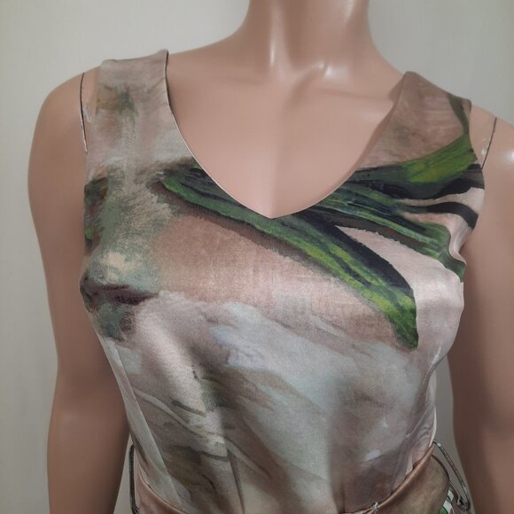 Y2K Butterfly Belted Dress Womens S Mini Sleeveless Fit flare Beige Green - Picture 3 of 11